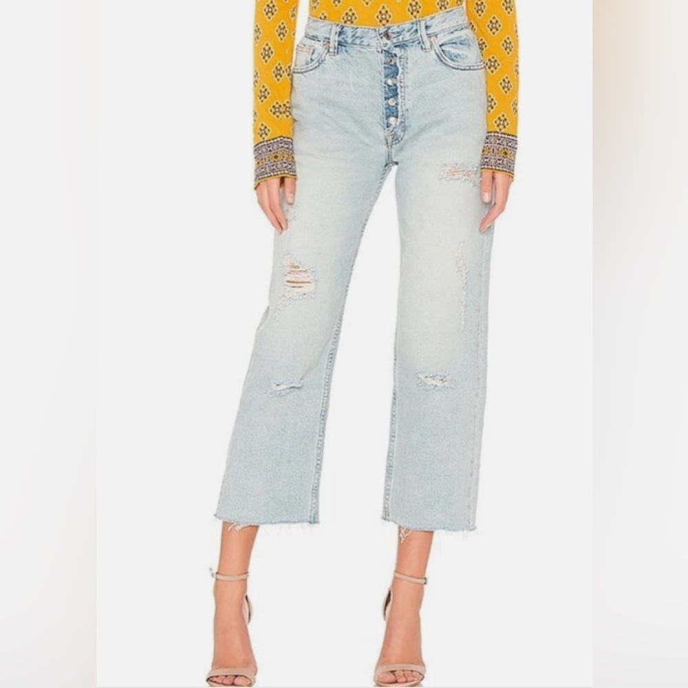 We The Free Rolling on the River Wide Leg Jeans Light Wash Cropped Distressed